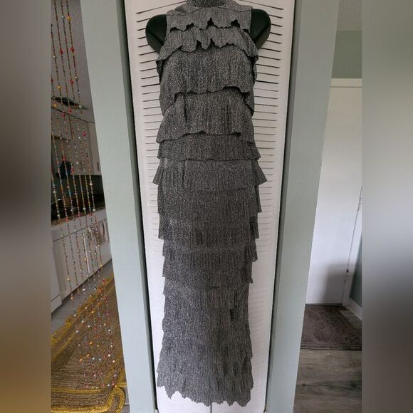 NWT Fashion Nova Tiered Ruffle Dress Silver Maxi Small Shimmer Bling Formal - Picture 1 of 7